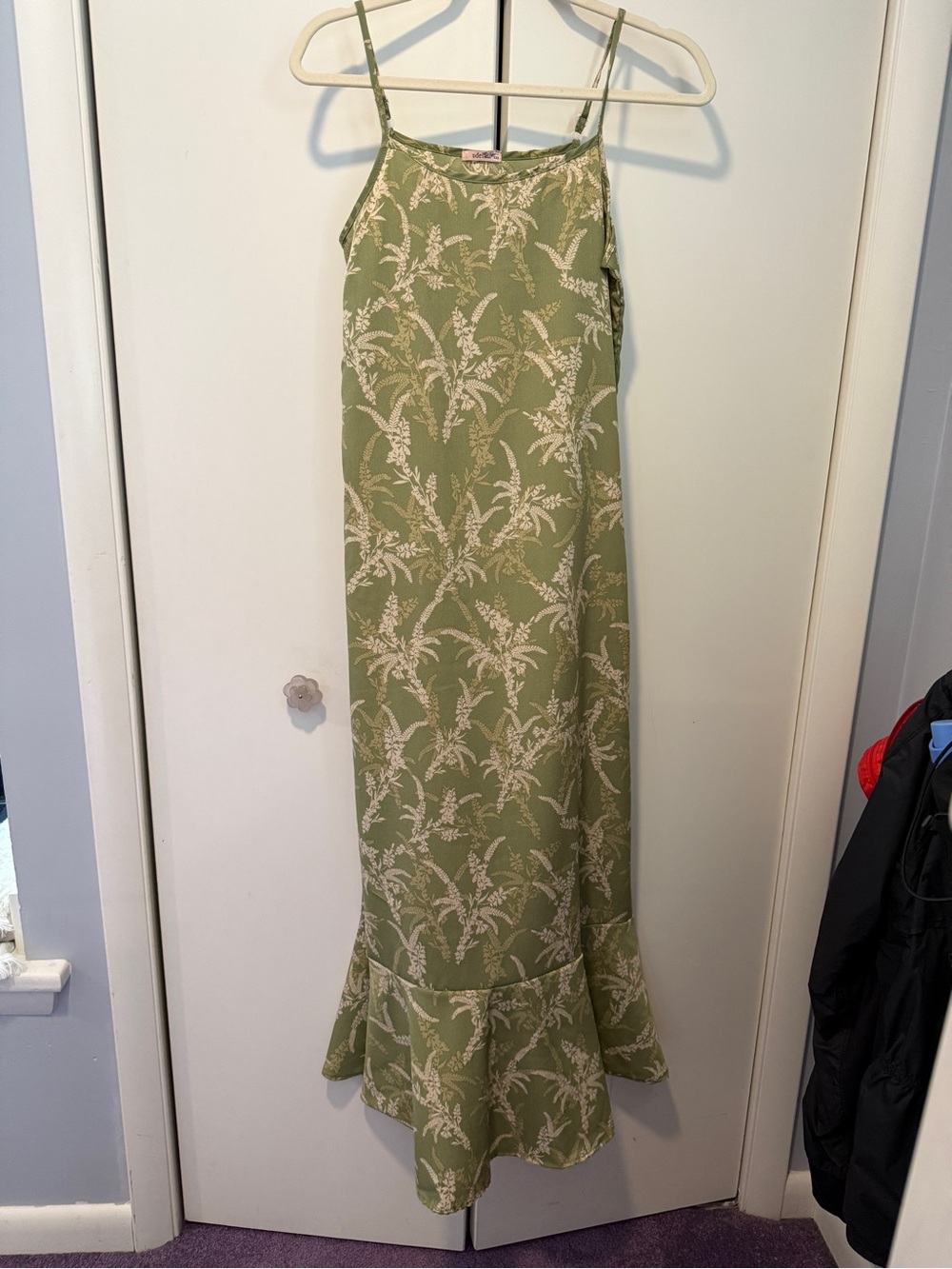 Olive Green Floral Maxi Slip Dress with Ruffle Hem